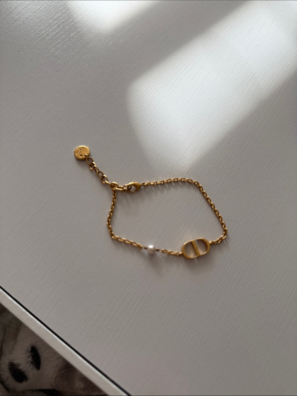 Dior Gold Chain Bracelet with White Pearl and Signature CD Link